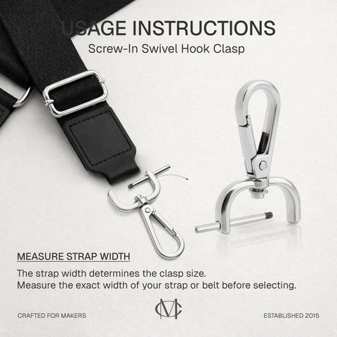 Two Pack Detachable Snap Hook Swivel Clasp With Screw Bar For Bag Straps, One And A Half Inch Wide, Brushed Brass Hardware Replacement VT493, metal hooks with strap visible.