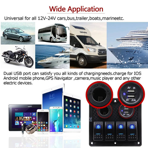 Waterproof Marine Four Gang Rocker Switch Panel with Dual USB Ports for car, RV, boat, truck, 12V 24V DC ABS IP68