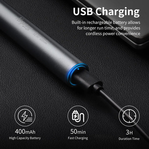 Close-up of a Mini Cordless Drill With Rechargeable Battery USB-C charging, highlighting 400mAh battery and power cord connection.