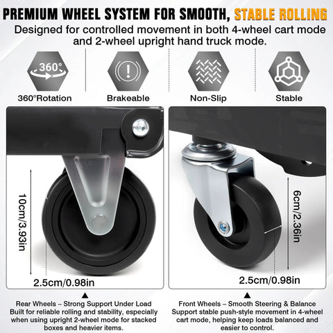 Close-up of premium wheel system on Heavy Duty Folding Hand Truck With Four Wheel Mode And Two In One Collapsible Push Cart And Fold Up Toe Plate For 300lbs Hauling On The Go Great For Delivery Warehouse And Moving