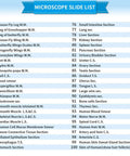 Image of microscope slide list for 100 Pack Prepared Microscope Slides Set For Kids And Homeschoolers With Professional Specimens.