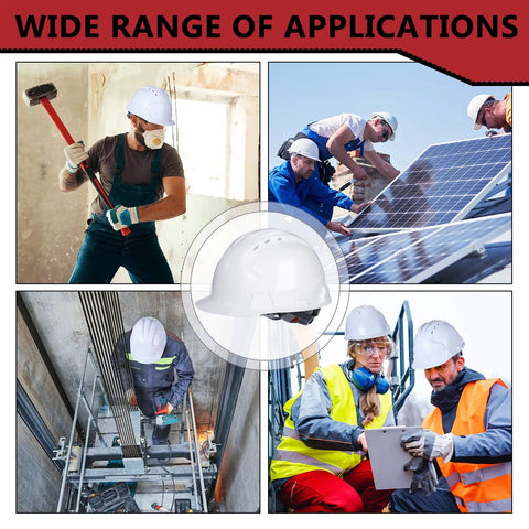 Wide range of applications for 14 Pack White Hard Hats With 4 Point Suspension Adjustable Ratchet Fit Vents And Cotton Brow Pad ABS Construction Safety Helmets For Men Bulk Head Protection For Work At Height On Job Sites