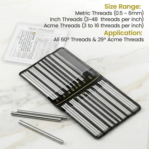 Pro Grade Thread Measuring Wire Set With Portable Holder 0.5mm To 6mm Range 16 Diameters For All 60 Degree US And Metric Threads For Machinists And Engineers Stainless Steel Kit With Carrying Case And Handy Extensions, stainless steel wires in case