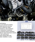 Heavy Duty 110 Piece Metal Bonded Oil Seal Washers Kit With High Temp Rubber O Rings and Storage Box next to engine parts