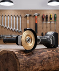 Six Pack Angle Grinder Polishing Pads For Woodworking Jobs Three Point Nine Inch tough buffing disc on log in workshop.