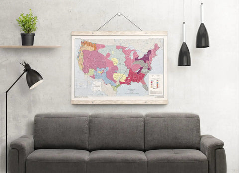 Native American Tribes Map 23 By 34 Inches Unframed With Languages And Cultures for Classroom Decor Geography Wall Art displayed above sofa.
