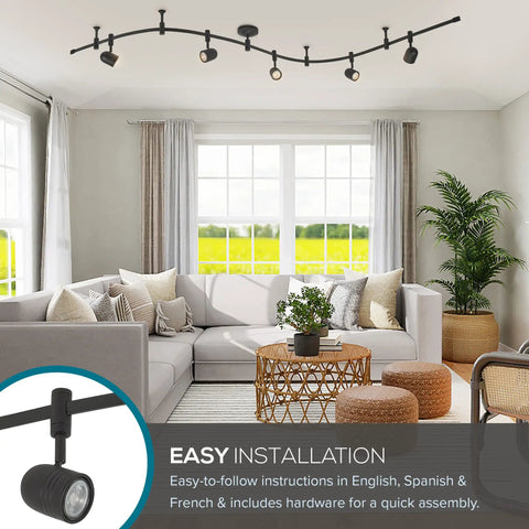 Oil Rubbed Bronze 96 Inch LED Flex Track Lighting Fixture with 5 adjustable heads in modern living room setting