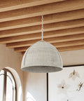 Top Shelf One Light Handwoven Dome Pendant Lamp With Vintage Gold Leaf Finish Heavy Duty Steel Customizable Hang Height Damp Rated Bathroom Ceiling Fixture Slick Organic Vibe For Any Space, shown with beige woven body.