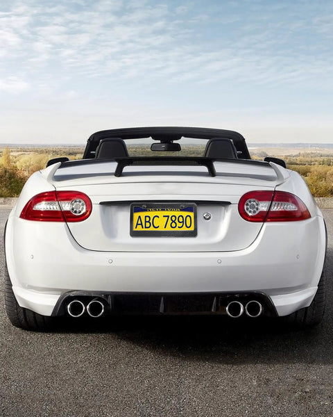 Legit Real Carbon Fiber License Plate Frame With Glossy 3D Twill Finish For Cars And Trucks, shown on a white convertible rear.