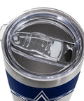 Top view of secure lid on 20 oz stainless steel tumbler for Dallas Cowboys fans; perfect for keeping drinks cold.
