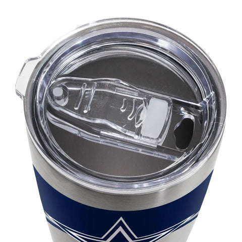 Top view of secure lid on 20 oz stainless steel tumbler for Dallas Cowboys fans; perfect for keeping drinks cold.