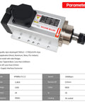 Square Two Point Two Kilowatt 220V Air Cooled CNC Spindle Motor Kit With ER20 Collet And VFD Drive, shown with specifications and features.
