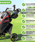 Three Wheel Golf Push Cart Quick Fold Large Platform Rolls Smooth As Butter Across Any Course Holds Drinks Phones Umbrellas Straight Up Knockout For Weekend Golfers Black on grass with golf bag.