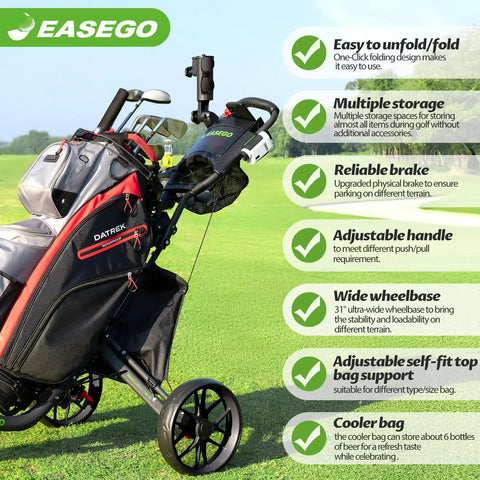 Three Wheel Golf Push Cart Quick Fold Large Platform Rolls Smooth As Butter Across Any Course Holds Drinks Phones Umbrellas Straight Up Knockout For Weekend Golfers Black on grass with golf bag.