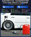 12V Electric Fuel Transfer Pump Kit With Hose transferring fuel spill-free from red can to white vehicle