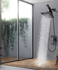 All In One Shower Faucet Set With Dual Square Shower Heads And Handheld Wand Diverter Hose And Pressure Balance Rough In Valve In Oil Rubbed Bronze For Easy Install And Premium Water Flow installed in a modern bathroom