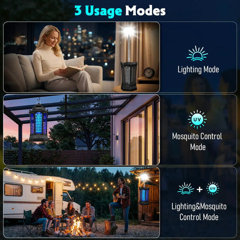 Various usage scenarios of Outdoor And Indoor 3 In 1 4500V Mosquito Killer with Camping Light in home and outdoor settings.