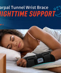 Woman sleeping with Wrist Brace For Carpal Tunnel And Night Time Pain Relief With Splints Adjustable Right Hand Brace, Large to XL.