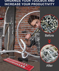 Person using a bike stand with Thread Checker Kit For Bolts And Nuts With 42 Size Gauge, organized toolbox comparison.