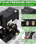 Four Port One Quarter Inch NPT Air Compressor Pressure Switch With Unloader Valve, 95-125 PSI Cutoff, open case view showing components
