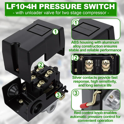 Four Port One Quarter Inch NPT Air Compressor Pressure Switch With Unloader Valve, 95-125 PSI Cutoff, open case view showing components