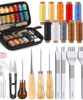 Leather Stitching Punch Kit With 56 Pieces 4Mm Prong Hole Punch Waxed Thread Hand Sewing Needles Awls Thimbles Tape Measure Scissors DIY Leather Craft Tools For Beginners