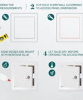 Instructions for installing Top Shelf 6X6 Inch White Metal Lockable Wall Access Panel, including cutting and mounting steps.