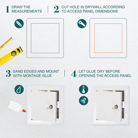 Instructions for installing Top Shelf 6X6 Inch White Metal Lockable Wall Access Panel, including cutting and mounting steps.