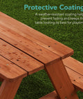 Close-up of Wooden Kids Picnic Table With Umbrella For Backyard Play And Outdoor Fun Activity Table Set showing protective coating.