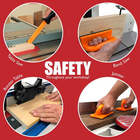 Four uses of 4 Piece Woodworking Safety Kit With Magnetic Push Stick, Straight And Angled Push Blocks, And Table Saw Feather Board