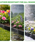 Heavy Duty Metal Landscape Edging Kit 33 Ft Total With 40 In By 6.5 In Steel Border 10 Stakes with flowers in different weather