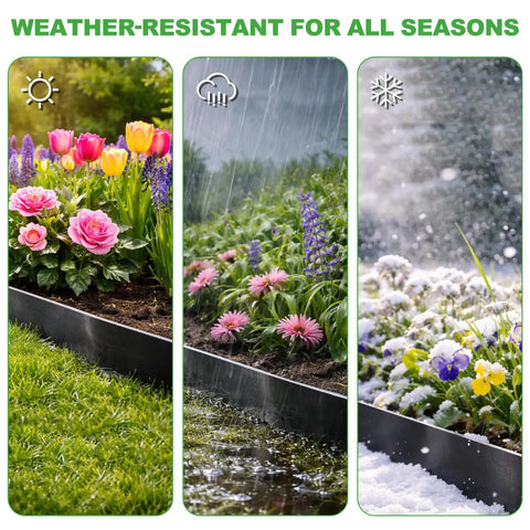 Heavy Duty Metal Landscape Edging Kit 33 Ft Total With 40 In By 6.5 In Steel Border 10 Stakes with flowers in different weather