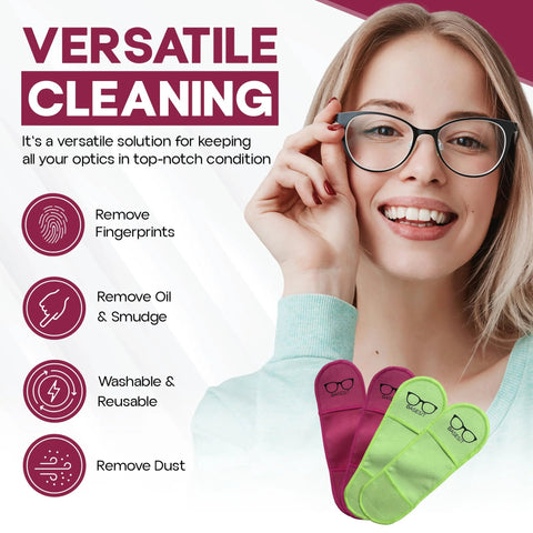 Basesit eyeglass cleaning cloths, 4-pack in rose and green microfiber for removing fingerprints and dust.