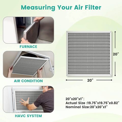 Diagram showing how to measure a Washable Electrostatic 20X20X1 Furnace Air Filter MERV 8 for HVAC systems, actual size 19.75x19.75x0.82."
