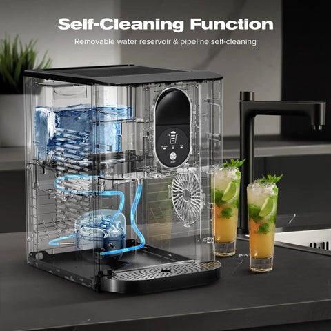 Countertop Nugget Ice Maker With 44 Lbs Per Day Output, Self Cleaning, 2.4L Water Tank, in kitchen setting with drinks.