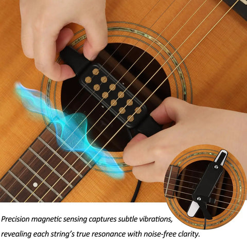 Close-up of Clip On Acoustic Guitar Pickup For Steel String Guitars 38 To 42 Inches installed in soundhole.