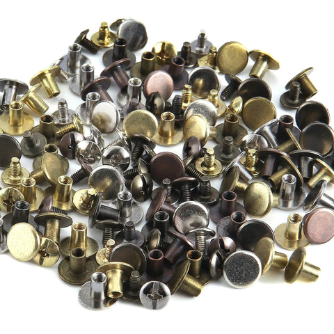Hella Durable 125 Piece Chicago Screw Kit With Five Mixed Metallic Shades For Leather Crafting Shoes And Bags Includes Quick Install Tools And Neat Plastic Case Features Smooth Round Flat Heads For Garment Making And Repairs, showcasing assorted screws.