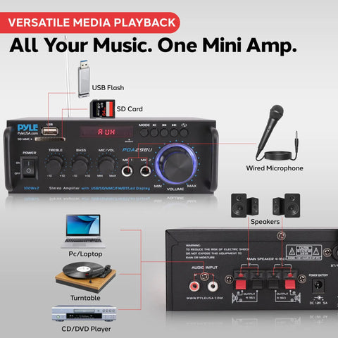 Front and back view of Beast 200W Peak Dual Channel Bluetooth Stereo Amplifier with LED Display, RCA USB SD MIC In FM Radio AUX Input.