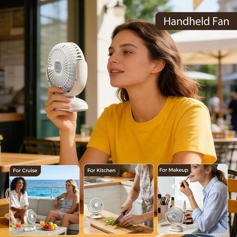 Person using Compact Desk Fan On The Go Quiet Rechargeable Mini Fan With 4 Speeds LED Display And LED Light for versatile use