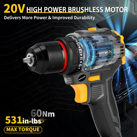 Close-up of Brushless 20V Cordless Drill Set with transparent section showing internal motor, 531 in-lb torque displayed.