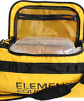 Trailhead Duffel Bag Waterproof Yellow Large with detachable alpine cut shoulder straps and side carry handles with D zip open.