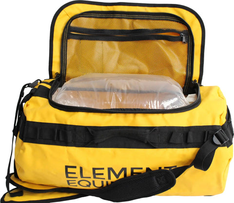 Trailhead Duffel Bag Waterproof Yellow Large with detachable alpine cut shoulder straps and side carry handles with D zip open.