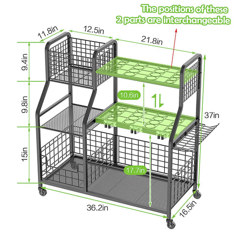 Detailed diagram of Wheeled Garden Tool Organizer With 3 Tier Rack And Extra Storage Basket For Garage Shed Basement Large Capacity Yard Tool Holder On Wheels For Easy Mobility And Clutter Free Space