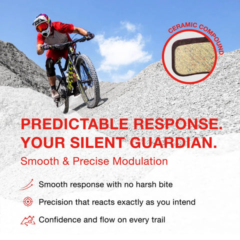Cyclist on mountain trail with Two Pairs Disc Bike Brake Pads For Sram Code R RS RSC Guide RE G2 RE DB8, ceramic compound inset