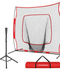 Backyard Baseball And Softball Batting Net 7x7 Ft Backstop For Hitting Pitching And Throwing With Batting Tee And Carry Bag Red Durable Aluminum Frame