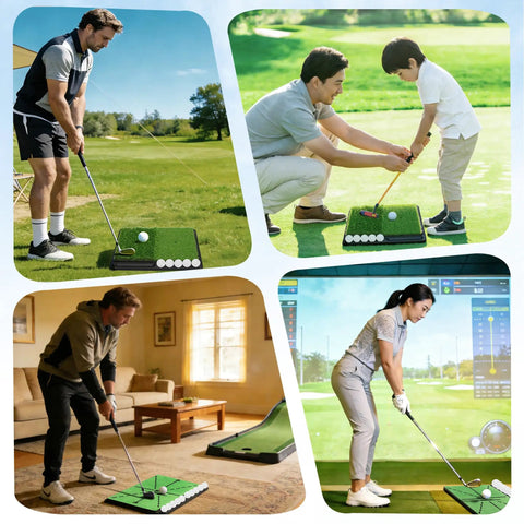 Images of people using the Game Changer Golf Hitting Mat With Curved Ball Tray indoors and outdoors for practice.