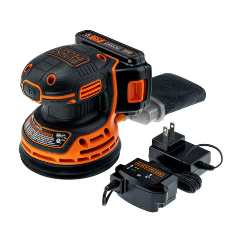 Cordless Orbital Sander With 12,000 OPM For Fast Material Removal, Lightweight And Easy To Use, Hook And Loop Sandpaper System, Includes Battery And Charger And Two Sandpaper Sheets; sander showing charger and battery