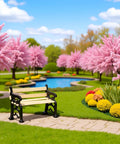1/24 Scale Miniature Park Bench For Dollhouses, Totally Realistic Outdoor Garden Decor Kit, DIY Accessory with pink trees backdrop