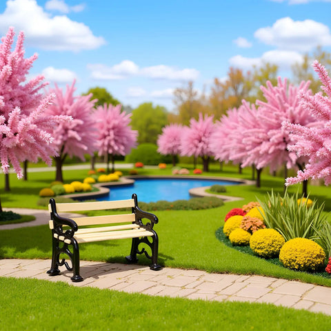 1/24 Scale Miniature Park Bench For Dollhouses, Totally Realistic Outdoor Garden Decor Kit, DIY Accessory with pink trees backdrop