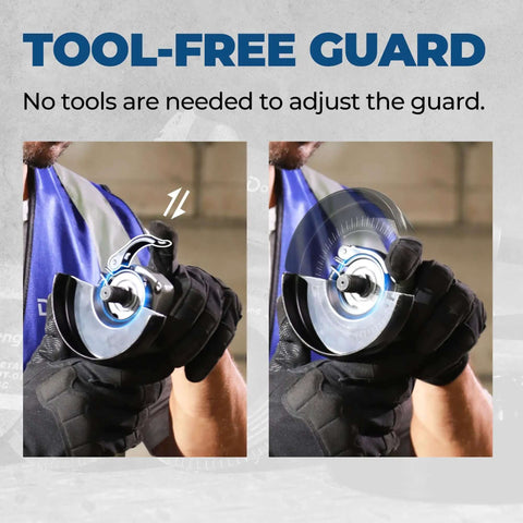 Tool-free guard adjustment on 4-1/2-Inch Corded Angle Grinder 1100W 11800RPM Pure Copper Motor for easy use.
